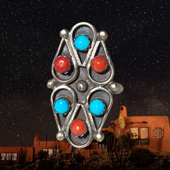 Sterling Zuni Turquoise & Coral Ring Size 6.75